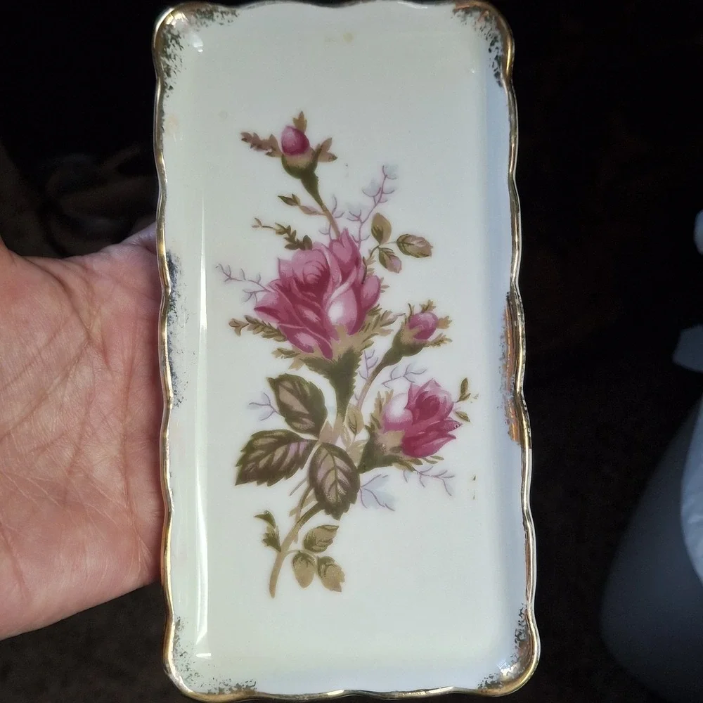 Vtg Porcelain Trinket Tray Pink Rose Gold Trim Scalloped Edge Ring Dish Japan